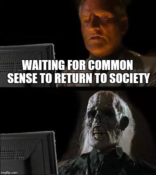 I'll Just Wait Here | WAITING FOR COMMON SENSE TO RETURN TO SOCIETY | image tagged in memes,ill just wait here | made w/ Imgflip meme maker