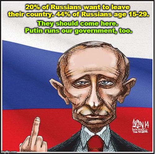 20% of Russians want to leave their country. 44% of Russians age 15-29. They should come here. Putin runs our government, too. | image tagged in russia,putin,trump,america | made w/ Imgflip meme maker