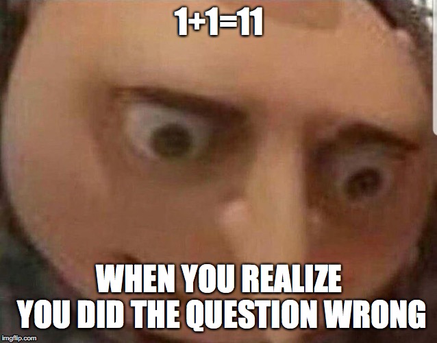 1+1=11; WHEN YOU REALIZE YOU DID THE QUESTION WRONG | image tagged in gru,meth | made w/ Imgflip meme maker