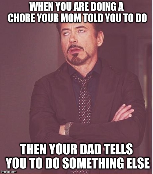 Face You Make Robert Downey Jr Meme | WHEN YOU ARE DOING A CHORE YOUR MOM TOLD YOU TO DO; THEN YOUR DAD TELLS YOU TO DO SOMETHING ELSE | image tagged in memes,face you make robert downey jr | made w/ Imgflip meme maker