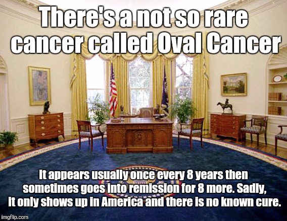 Oval Cancer | There's a not so rare cancer called Oval Cancer; It appears usually once every 8 years then sometimes goes into remission for 8 more. Sadly, it only shows up in America and there is no known cure. | image tagged in oval office,memes | made w/ Imgflip meme maker