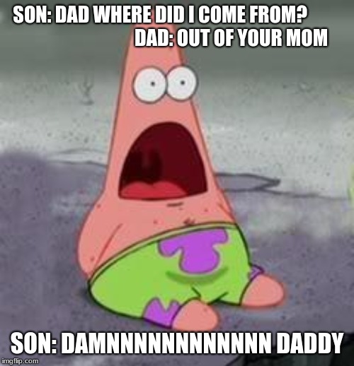 Suprised Patrick | SON: DAD WHERE DID I COME FROM? 
                                    DAD: OUT OF YOUR MOM; SON: DAMNNNNNNNNNNNN DADDY | image tagged in suprised patrick | made w/ Imgflip meme maker