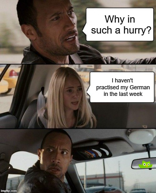 Get me out of here fast! | Why in such a hurry? I haven't practised my German in the last week | image tagged in memes,the rock driving,language | made w/ Imgflip meme maker