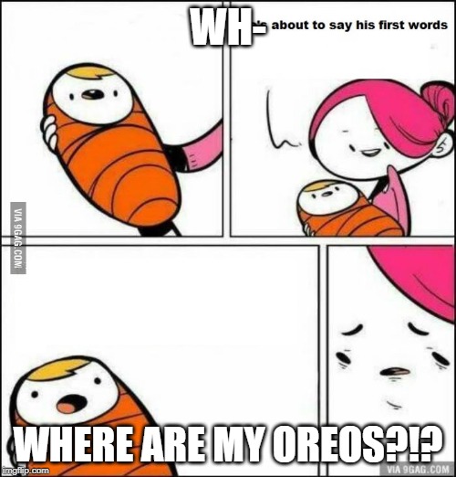 He is About to Say His First Words | WH-; WHERE ARE MY OREOS?!? | image tagged in he is about to say his first words | made w/ Imgflip meme maker
