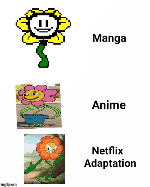 Are they all the same entity? | image tagged in netflix adaptation,undertale,the amazing world of gumball,cuphead,flowey | made w/ Imgflip meme maker