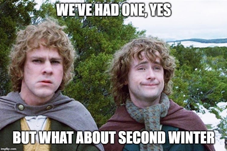 Living in Canada be like | WE'VE HAD ONE, YES; BUT WHAT ABOUT SECOND WINTER | image tagged in hobbits | made w/ Imgflip meme maker