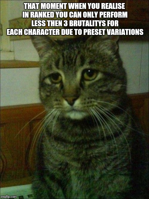 Depressed Cat Meme | THAT MOMENT WHEN YOU REALISE IN RANKED YOU CAN ONLY PERFORM LESS THEN 3 BRUTALITYS FOR EACH CHARACTER DUE TO PRESET VARIATIONS | image tagged in memes,depressed cat | made w/ Imgflip meme maker