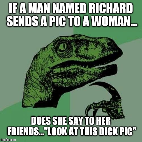 Philosoraptor | IF A MAN NAMED RICHARD SENDS A PIC TO A WOMAN... DOES SHE SAY TO HER FRIENDS..."LOOK AT THIS DICK PIC" | image tagged in memes,philosoraptor | made w/ Imgflip meme maker