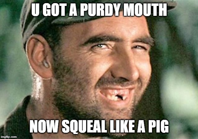 deliverance redneck | U GOT A PURDY MOUTH; NOW SQUEAL LIKE A PIG | image tagged in deliverance redneck | made w/ Imgflip meme maker