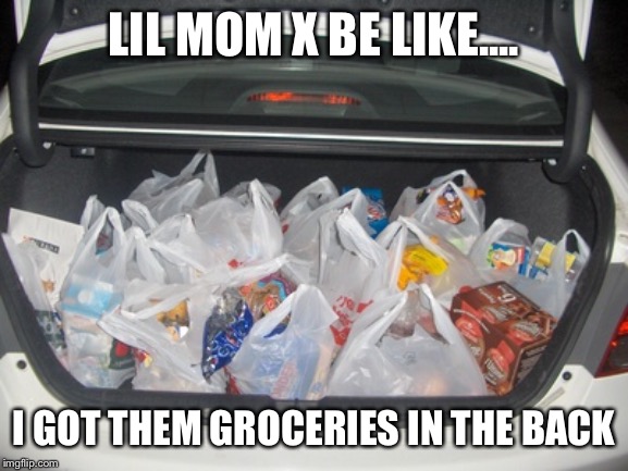 Moms of teens | LIL MOM X BE LIKE.... I GOT THEM GROCERIES IN THE BACK | image tagged in momcanraptoo,songs,teenagers | made w/ Imgflip meme maker