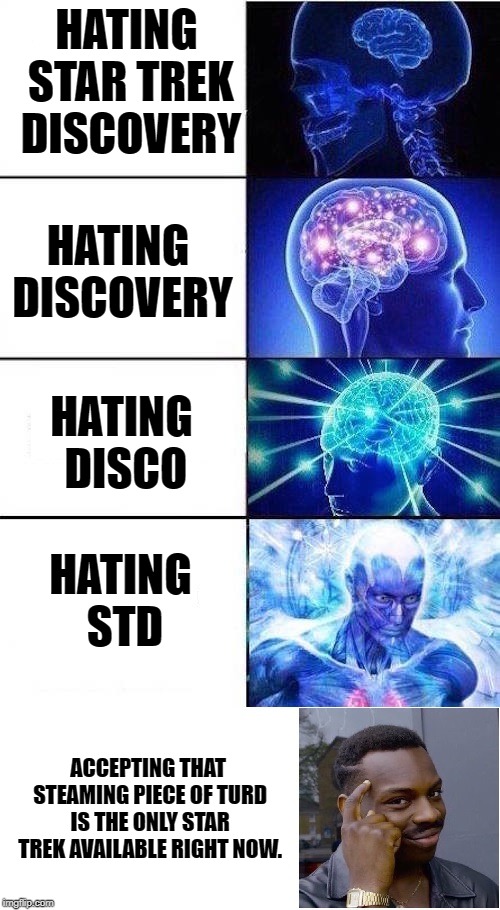 HATING STAR TREK DISCOVERY; HATING DISCOVERY; HATING DISCO; HATING STD; ACCEPTING THAT STEAMING PIECE OF TURD IS THE ONLY STAR TREK AVAILABLE RIGHT NOW. | image tagged in brain mind thinking expanding 5 panel | made w/ Imgflip meme maker