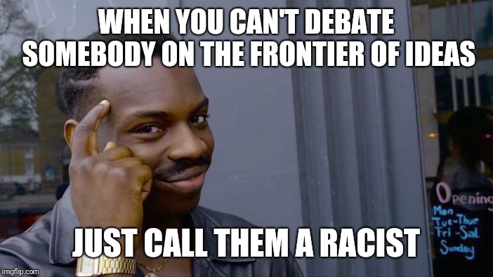 Roll Safe Think About It Meme | WHEN YOU CAN'T DEBATE SOMEBODY ON THE FRONTIER OF IDEAS JUST CALL THEM A RACIST | image tagged in memes,roll safe think about it | made w/ Imgflip meme maker