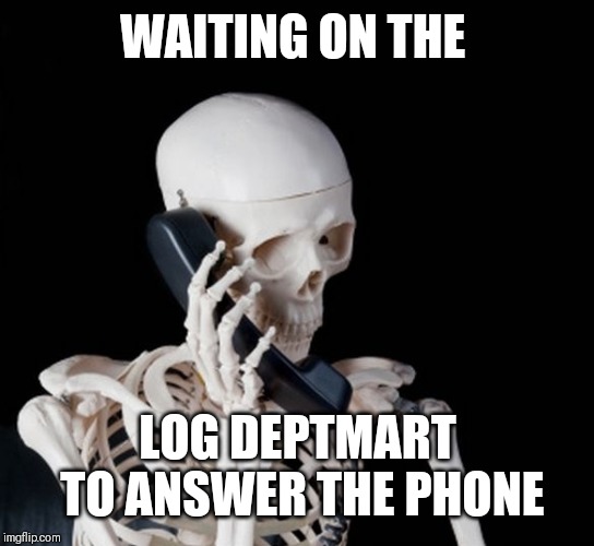 Skeleton on phone | WAITING ON THE; LOG DEPTMART TO ANSWER THE PHONE | image tagged in skeleton on phone | made w/ Imgflip meme maker