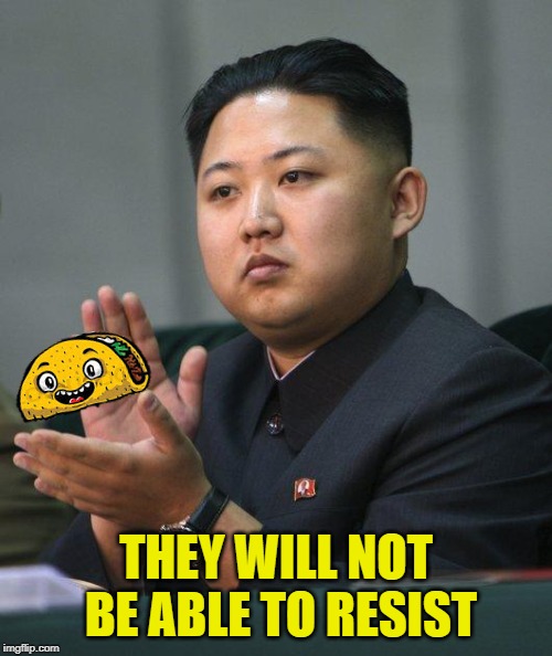 Resist | THEY WILL NOT BE ABLE TO RESIST | image tagged in kim jong un,taco | made w/ Imgflip meme maker