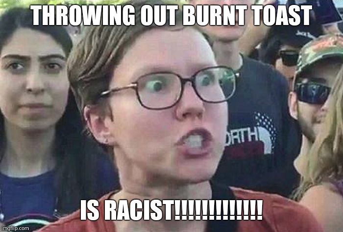 Triggered Liberal | THROWING OUT BURNT TOAST IS RACIST!!!!!!!!!!!!! | image tagged in triggered liberal | made w/ Imgflip meme maker