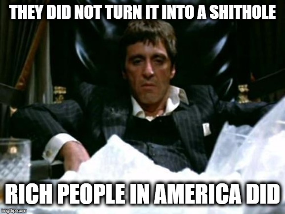 Scarface Cocaine | THEY DID NOT TURN IT INTO A SHITHOLE RICH PEOPLE IN AMERICA DID | image tagged in scarface cocaine | made w/ Imgflip meme maker