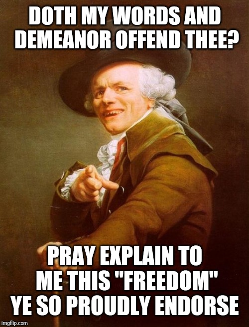 Joseph Ducreux Meme | DOTH MY WORDS AND DEMEANOR OFFEND THEE? PRAY EXPLAIN TO ME THIS "FREEDOM" YE SO PROUDLY ENDORSE | image tagged in memes,joseph ducreux | made w/ Imgflip meme maker