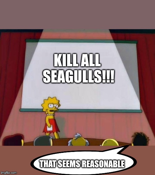 Lisa Simpson's Presentation | KILL ALL SEAGULLS!!! THAT SEEMS REASONABLE | image tagged in lisa simpson's presentation | made w/ Imgflip meme maker