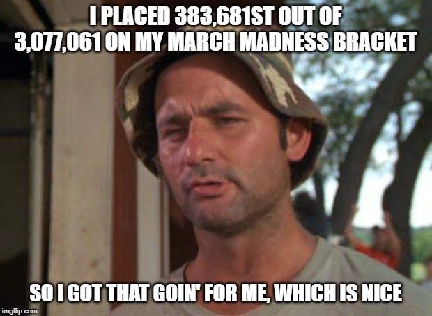 So I Got That Goin For Me Which Is Nice |  I PLACED 383,681ST OUT OF 3,077,061 ON MY MARCH MADNESS BRACKET; SO I GOT THAT GOIN' FOR ME, WHICH IS NICE | image tagged in memes,so i got that goin for me which is nice,march madness,i placed | made w/ Imgflip meme maker