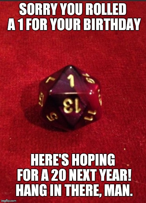 Dungeons & Dragons | SORRY YOU ROLLED A 1 FOR YOUR BIRTHDAY; HERE'S HOPING FOR A 20 NEXT YEAR! HANG IN THERE, MAN. | image tagged in dungeons  dragons | made w/ Imgflip meme maker