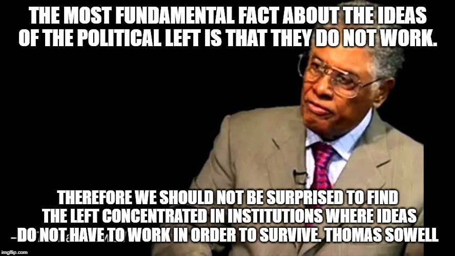 Thomas Sowell | THE MOST FUNDAMENTAL FACT ABOUT THE IDEAS OF THE POLITICAL LEFT IS THAT THEY DO NOT WORK. THEREFORE WE SHOULD NOT BE SURPRISED TO FIND THE LEFT CONCENTRATED IN INSTITUTIONS WHERE IDEAS DO NOT HAVE TO WORK IN ORDER TO SURVIVE. THOMAS SOWELL | image tagged in thomas sowell | made w/ Imgflip meme maker
