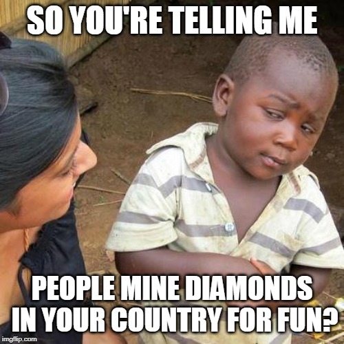 MMMMIIIIIINNNNEEEE DDDDIIIIIAAAAMMMOOONDSSSS | SO YOU'RE TELLING ME; PEOPLE MINE DIAMONDS IN YOUR COUNTRY FOR FUN? | image tagged in diamonds,third world skeptical kid,memes,minecraft | made w/ Imgflip meme maker