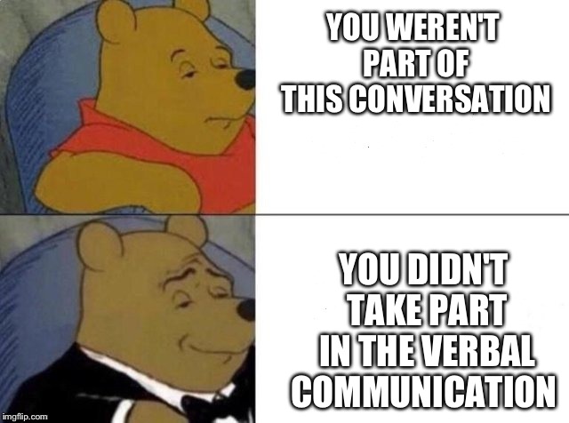 Tuxedo Winnie The Pooh Meme | YOU WEREN'T PART OF THIS CONVERSATION; YOU DIDN'T TAKE PART IN THE VERBAL COMMUNICATION | image tagged in tuxedo winnie the pooh | made w/ Imgflip meme maker