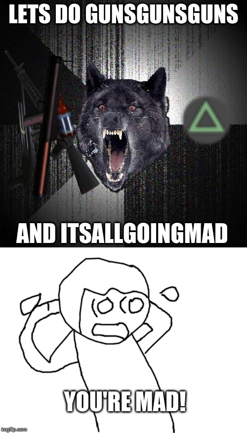 the craziest things put together. | LETS DO GUNSGUNSGUNS; AND ITSALLGOINGMAD; YOU'RE MAD! | image tagged in memes,insanity wolf,blank white template,riots,gta 3,madness | made w/ Imgflip meme maker