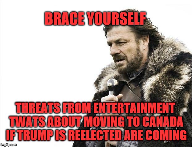 I think more people will vote for Trump in hopes they will keep their promises for once. | BRACE YOURSELF; THREATS FROM ENTERTAINMENT TWATS ABOUT MOVING TO CANADA IF TRUMP IS REELECTED ARE COMING | image tagged in memes,brace yourselves x is coming,celebs,trump,canada,election 2020 | made w/ Imgflip meme maker