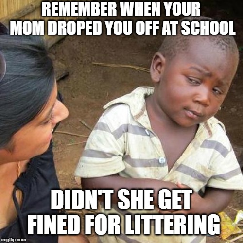 Third World Skeptical Kid Meme | REMEMBER WHEN YOUR MOM DROPED YOU OFF AT SCHOOL; DIDN'T SHE GET FINED FOR LITTERING | image tagged in memes,third world skeptical kid | made w/ Imgflip meme maker