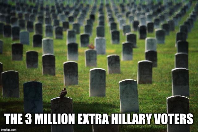 graveyard cemetary | THE 3 MILLION EXTRA HILLARY VOTERS | image tagged in graveyard cemetary | made w/ Imgflip meme maker