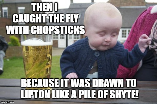 Drunk Baby Meme | THEN I CAUGHT THE FLY WITH CHOPSTICKS BECAUSE IT WAS DRAWN TO LIPTON LIKE A PILE OF SHYTE! | image tagged in memes,drunk baby | made w/ Imgflip meme maker