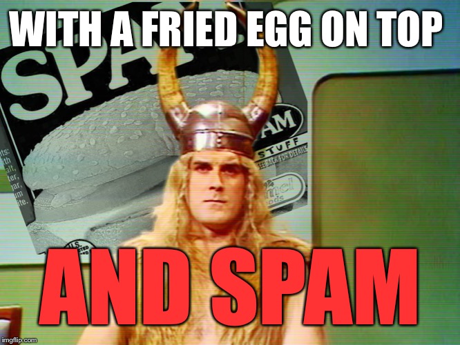 Monty Python Spam | WITH A FRIED EGG ON TOP AND SPAM | image tagged in monty python spam | made w/ Imgflip meme maker