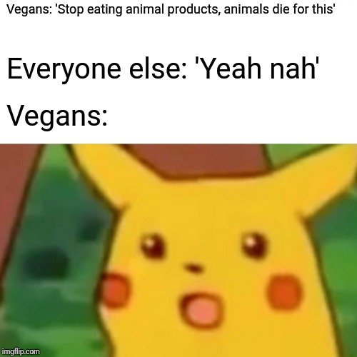 Veganism is not good for nutrition. | Vegans: 'Stop eating animal products, animals die for this'; Everyone else: 'Yeah nah'; Vegans: | image tagged in memes,surprised pikachu | made w/ Imgflip meme maker