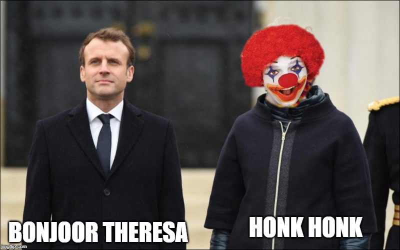 HONK HONK; BONJOOR THERESA | image tagged in theresa may clown and macrobe | made w/ Imgflip meme maker