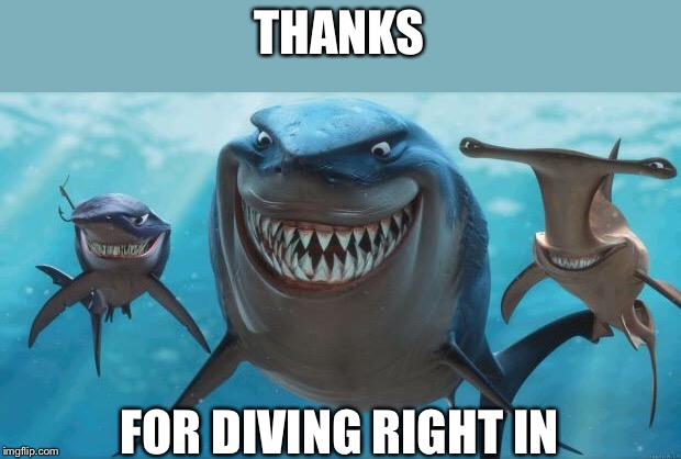 Finding Nemo Sharks | THANKS FOR DIVING RIGHT IN | image tagged in finding nemo sharks | made w/ Imgflip meme maker