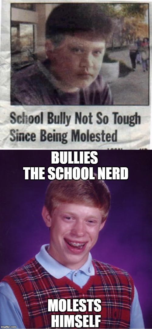 Damn Shame this is | BULLIES THE SCHOOL NERD; MOLESTS HIMSELF | image tagged in memes,bad luck brian | made w/ Imgflip meme maker