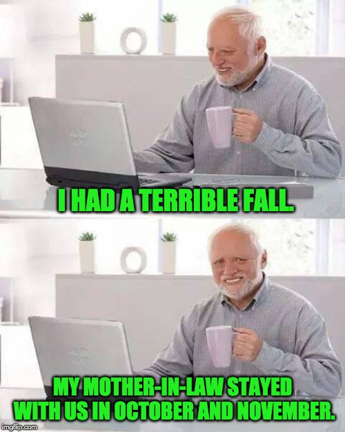 Hide the Pain Harold Meme | I HAD A TERRIBLE FALL. MY MOTHER-IN-LAW STAYED WITH US IN OCTOBER AND NOVEMBER. | image tagged in memes,hide the pain harold | made w/ Imgflip meme maker