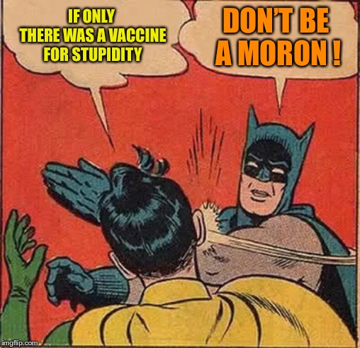 Batman Slapping Robin | IF ONLY THERE WAS A VACCINE FOR STUPIDITY; DON’T BE A MORON ! | image tagged in memes,batman slapping robin | made w/ Imgflip meme maker