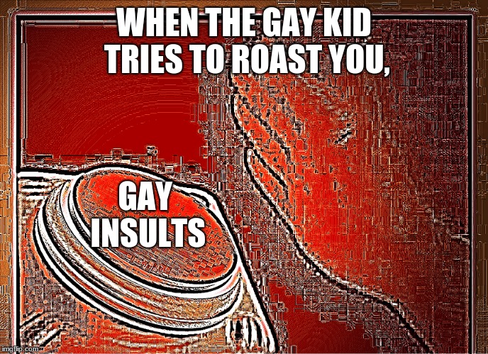 deep fried nut button | WHEN THE GAY KID TRIES TO ROAST YOU, GAY INSULTS | image tagged in deep fried nut button | made w/ Imgflip meme maker