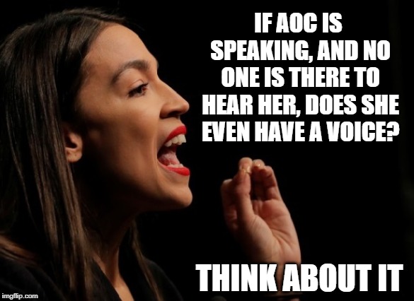 AOC | IF AOC IS SPEAKING, AND NO ONE IS THERE TO HEAR HER, DOES SHE EVEN HAVE A VOICE? THINK ABOUT IT | image tagged in aoc,politics,donald trump | made w/ Imgflip meme maker
