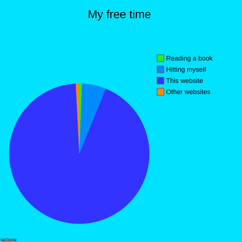 My free time | Other websites, This website, Hitting myself, Reading a book | image tagged in charts,pie charts | made w/ Imgflip chart maker