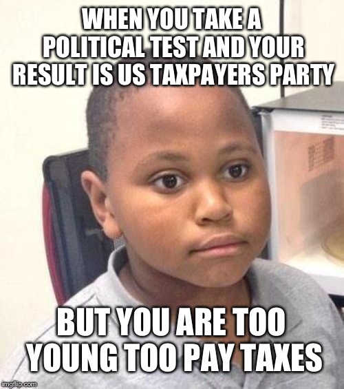 Minor Mistake Marvin | WHEN YOU TAKE A POLITICAL TEST AND YOUR RESULT IS US TAXPAYERS PARTY; BUT YOU ARE TOO YOUNG TOO PAY TAXES | image tagged in memes,minor mistake marvin | made w/ Imgflip meme maker