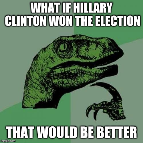 Philosoraptor | WHAT IF HILLARY CLINTON WON THE ELECTION; THAT WOULD BE BETTER | image tagged in memes,philosoraptor | made w/ Imgflip meme maker