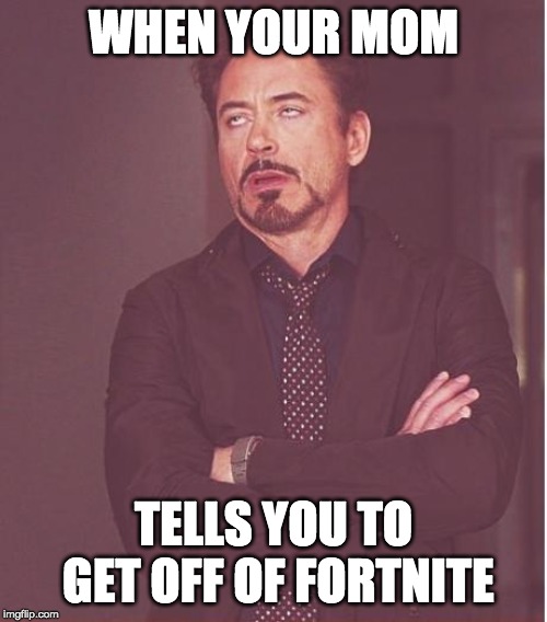 Face You Make Robert Downey Jr | WHEN YOUR MOM; TELLS YOU TO GET OFF OF FORTNITE | image tagged in memes,face you make robert downey jr | made w/ Imgflip meme maker
