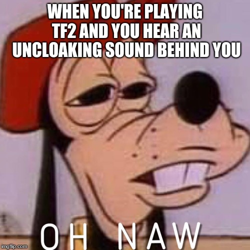 I despise spying spies that spy on spying spies | WHEN YOU'RE PLAYING TF2 AND YOU HEAR AN UNCLOAKING SOUND BEHIND YOU | image tagged in oh naw | made w/ Imgflip meme maker