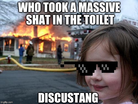 Disaster Girl Meme | WHO TOOK A MASSIVE SHAT IN THE TOILET; DISCUSTANG | image tagged in memes,disaster girl | made w/ Imgflip meme maker