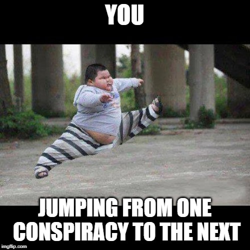 Fat kid jump kick | YOU JUMPING FROM ONE CONSPIRACY TO THE NEXT | image tagged in fat kid jump kick | made w/ Imgflip meme maker