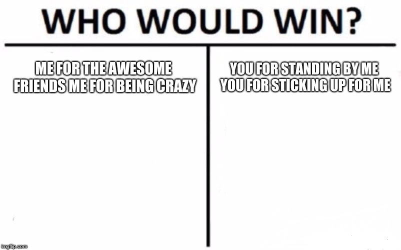 Who Would Win? | ME FOR THE AWESOME FRIENDS
ME FOR BEING CRAZY; YOU FOR STANDING BY ME YOU FOR STICKING UP FOR ME | image tagged in memes,who would win | made w/ Imgflip meme maker