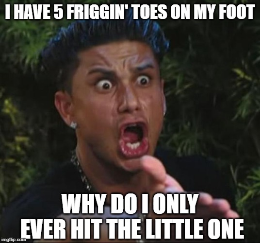 Why? | I HAVE 5 FRIGGIN' TOES ON MY FOOT; WHY DO I ONLY EVER HIT THE LITTLE ONE | image tagged in memes,dj pauly d | made w/ Imgflip meme maker